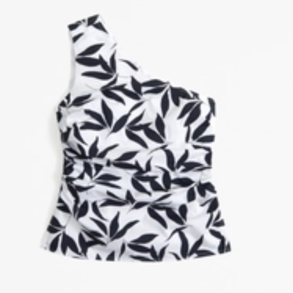 Abercrombie Asymmetrical Poplin One-Shoulder Black and White Leaf Print Top